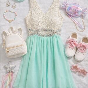 Girls Size 10 Mint Dress Princess Lace Sequin Rhinestone Spring Special Ocassion